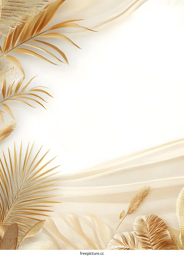 Golden Palm Leaves and Fabric on White Background