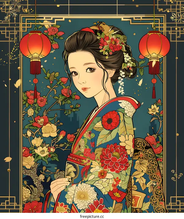 A beautiful Japanese woman in a kimono with red and pink flowers in her hair and a lantern in the background