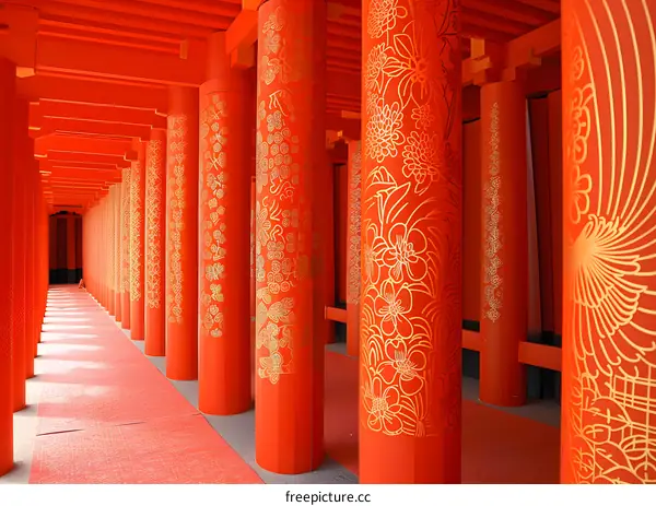Red temple pillars with gold designs