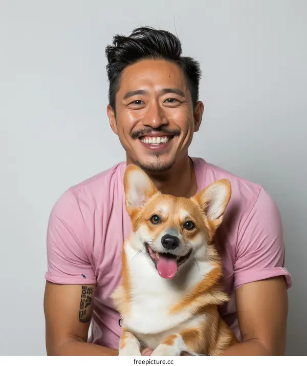 A smiling man with a beard and a corgi dog