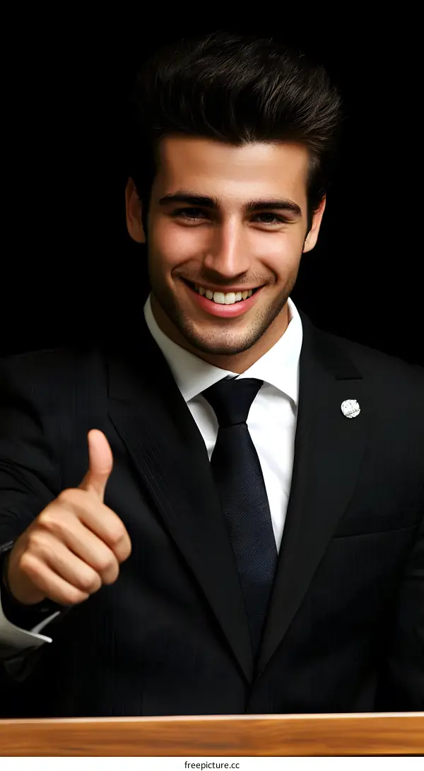 Smiling Businessman In A Suit Gives Thumbs Up