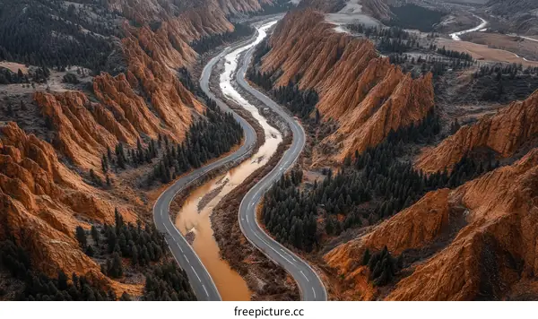 Aerial View of Winding Road Through Red Rock Canyon