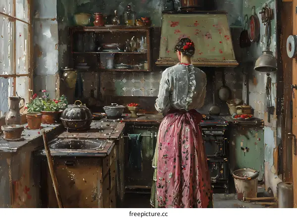 Woman in a Kitchen with a Stove and a Window