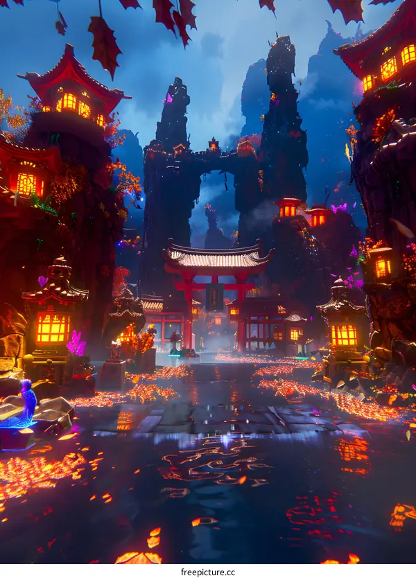 Ancient oriental town by night