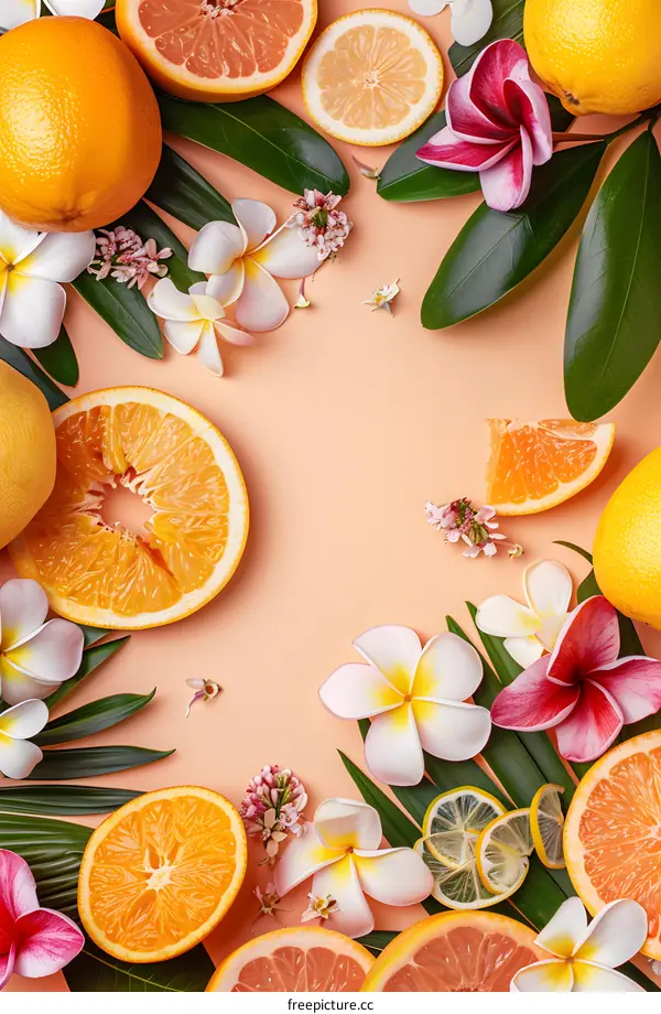 Tropical Fruits and Flowers Flat Lay