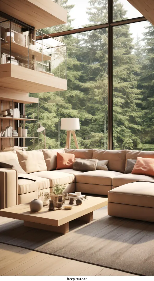 Modern living room interior with large windows and forest view
