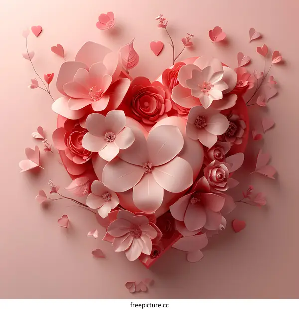 Pink paper flowers in the shape of a heart