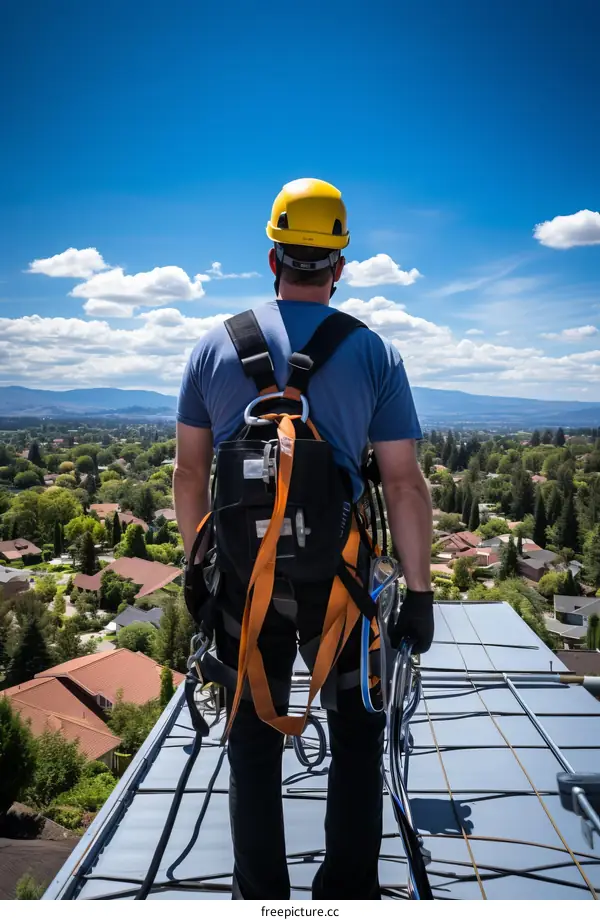 A construction worker wearing a safety harness and a hard hat is standing on a rooftop and looking out at the city below.