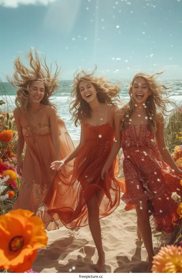 Three young women in long dresses are walking on the beach, laughing and smiling, with long hair flowing in the wind