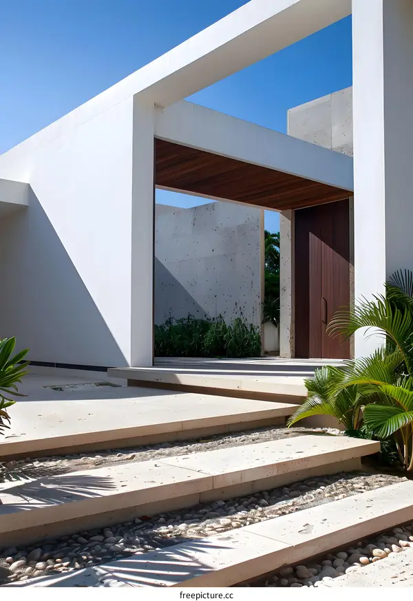 Modern Minimalist House Entrance with Stone Steps and Wooden Door