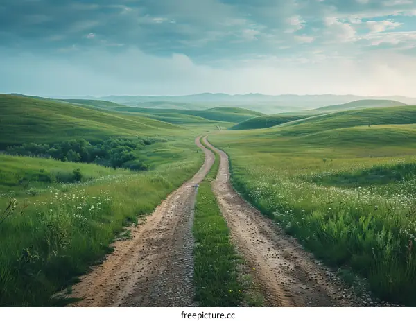 Serene Dirt Road Leading Through Lush Meadow Landscape
