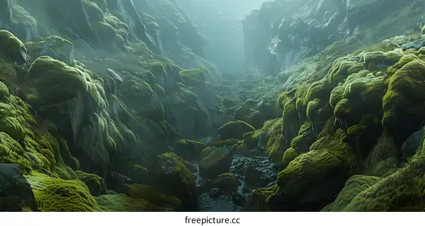 Green Moss Covered Rocks in a Narrow Gorge