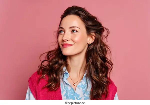 Smiling Woman with Wavy Hair and Pink Cardigan