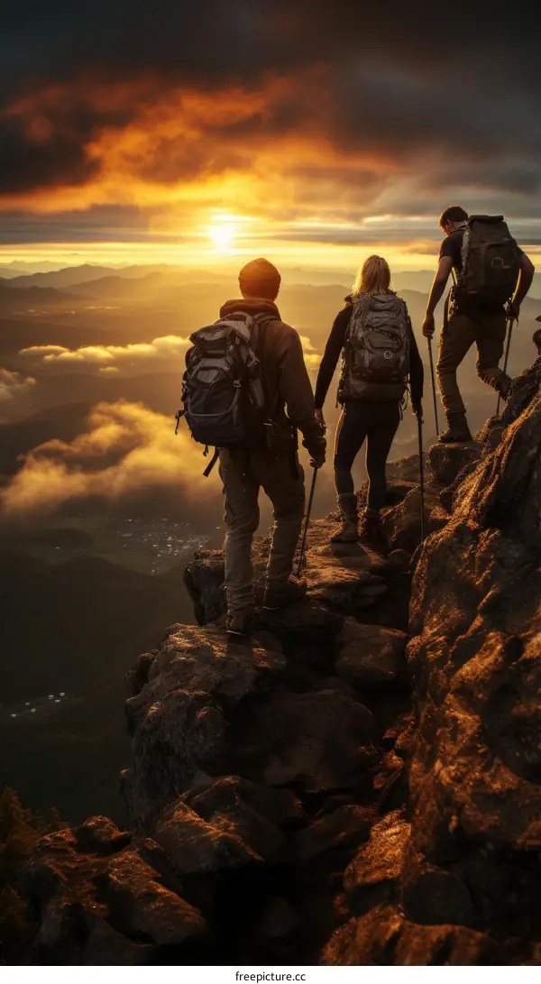 Three hikers on a mountaintop at sunset