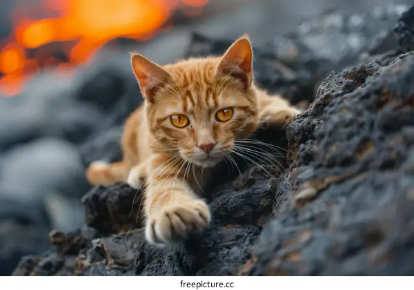 Cat on a rock in front of a lava flow