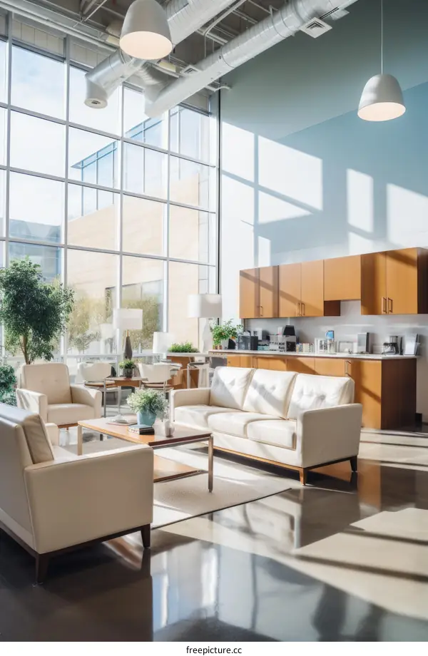Office lobby with modern furniture and large windows