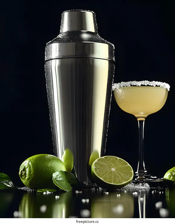 Cocktail Shaker and Margarita Glass with Lime Wedges on a Black Background