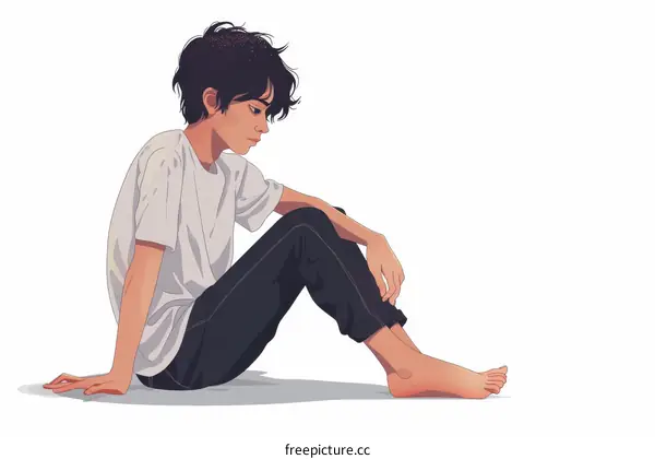 An illustration of a barefoot boy with dark hair wearing a white shirt and dark jeans sitting on the ground and looking down