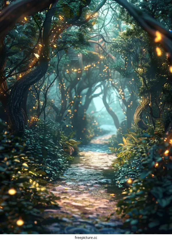 Mystical Glowing Forest Path with a Running Stream
