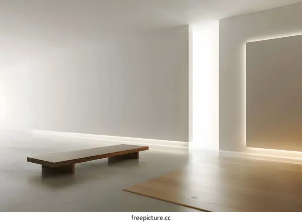 Modern Minimalist Room with Wooden Bench and  White Walls