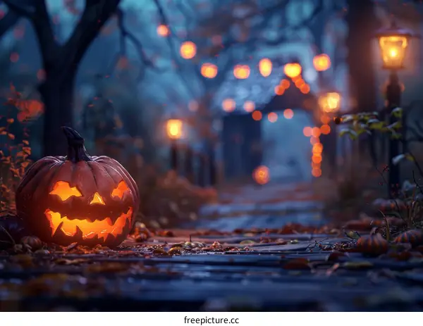 Spooky Halloween Night Scene with Carved Pumpkins