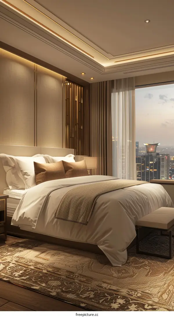 Luxury Hotel Bedroom with City Night View