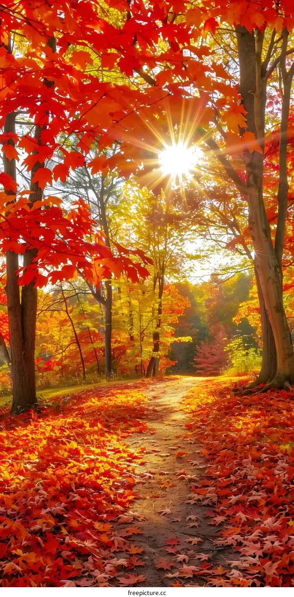 Autumn Path in Forest With Sun Shining Through
