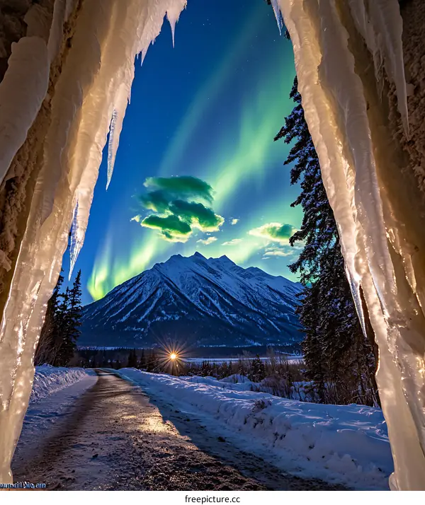 Northern Lights View Through Icicles in Winter