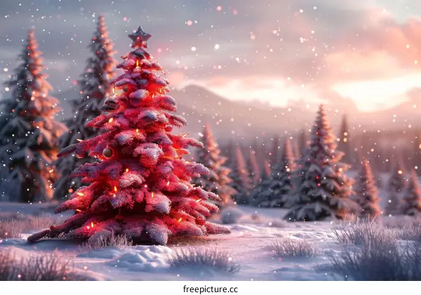 Snowy Christmas Tree in a Winter Forest