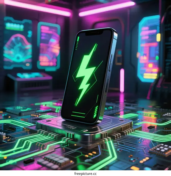 Futuristic Smartphone with Lightning Bolt on Circuit Board Background