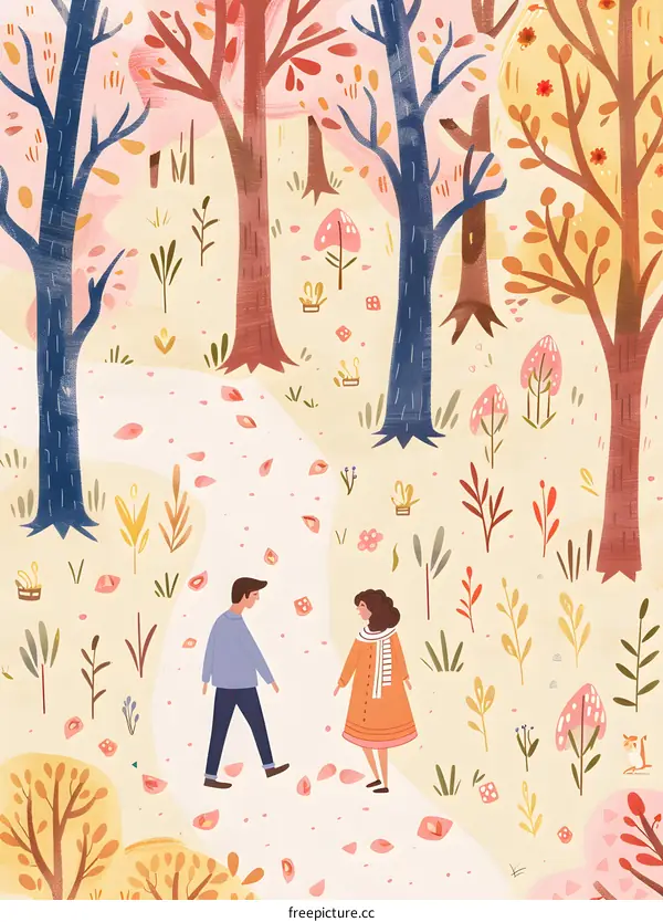 Couple Walking Through The Autumn Forest Path