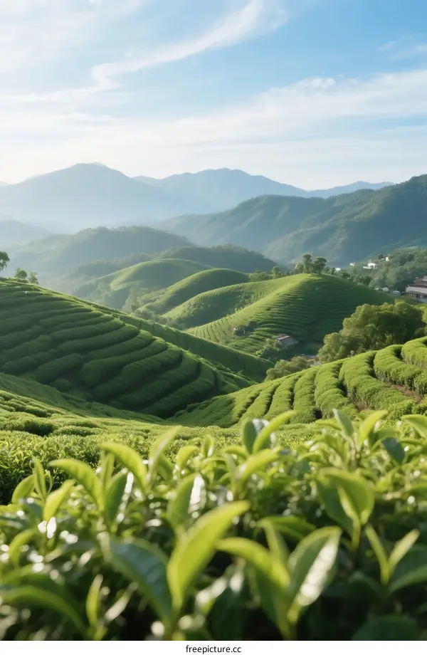 Scenic Terraced Green Tea Fields Under Clear Sky