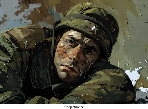 Portrait of a Soviet soldier in a green uniform and cap