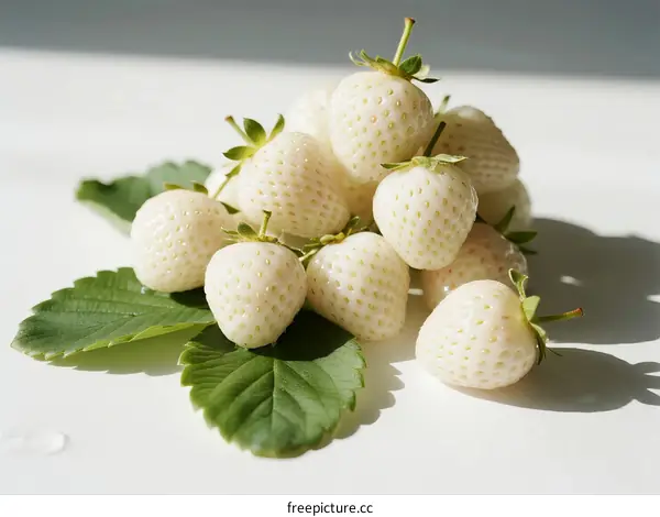 Fresh White Strawberries with Green Leaves on White Background