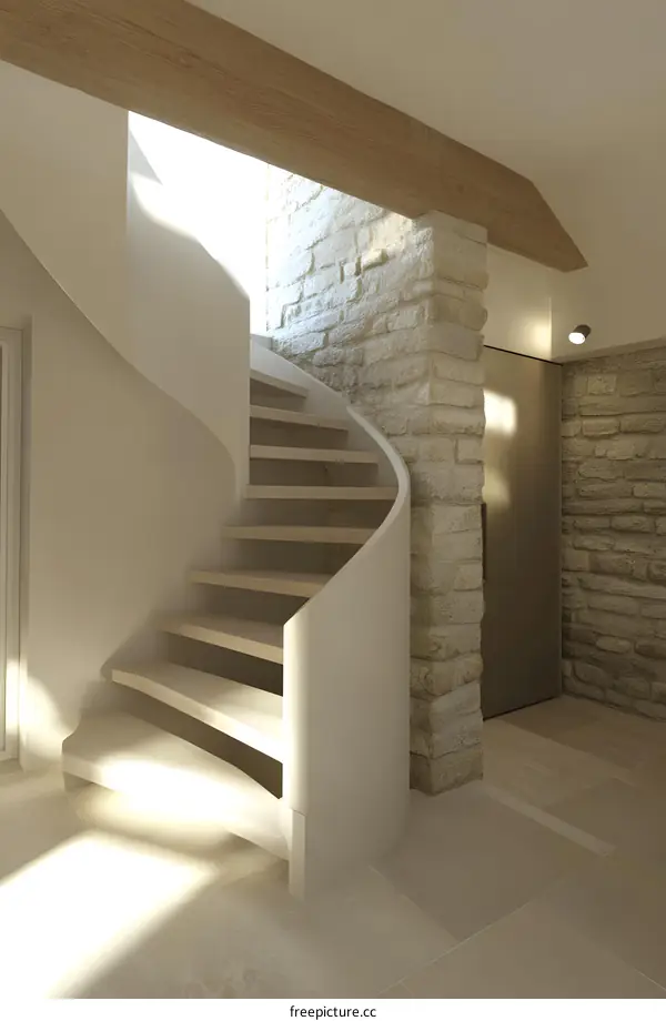 Modern Interior Design with Stone Wall and Spiral Staircase