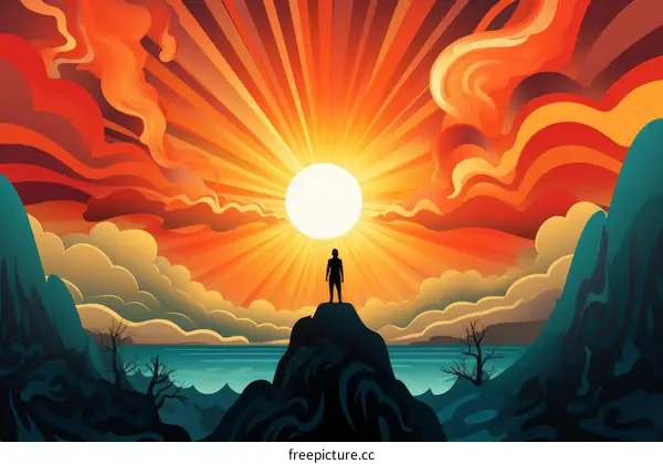 Man standing on a cliff overlooking a body of water with a setting sun in the background