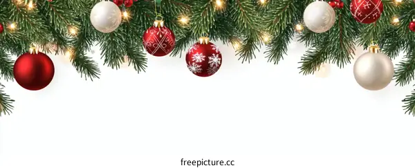 Christmas Border with Ornaments and Fir Branches