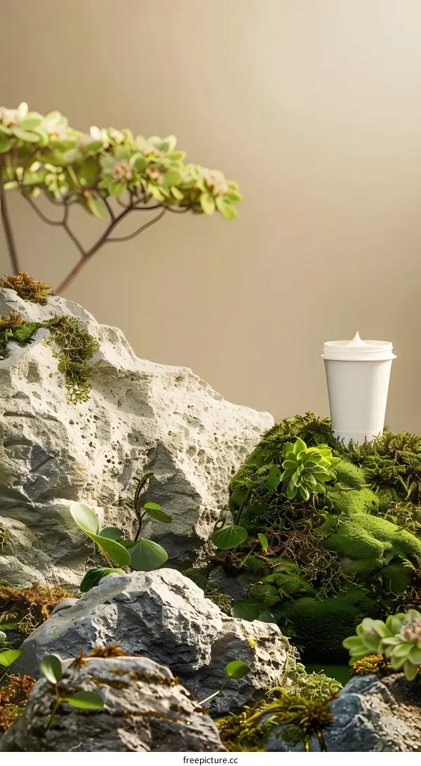 White Cream Jar on Mossy Rocks and Green Plants with a Beige Background