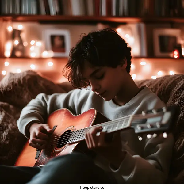 Teenage Boy Playing Acoustic Guitar In Cozy Home Setting
