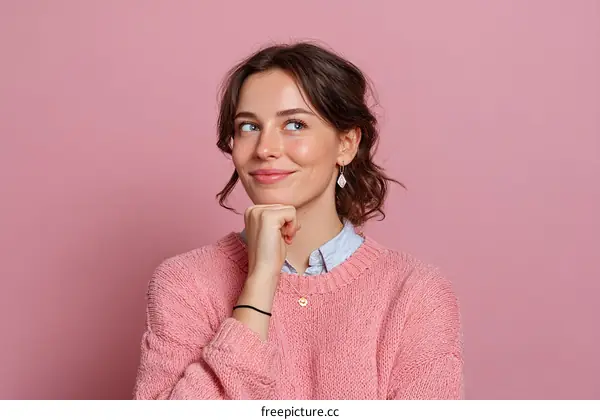 Thoughtful Woman in a Pink Sweater against Pink Background