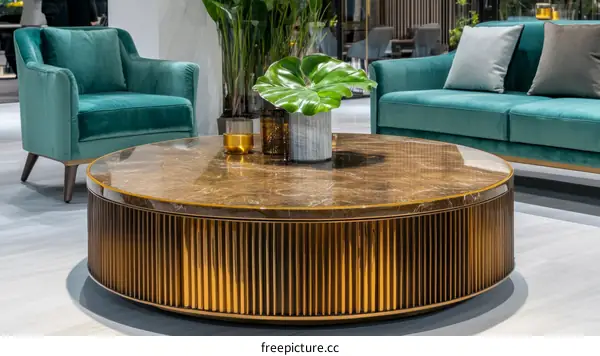 Round Marble Coffee Table with Gold Accents