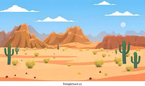 Desert Landscape with Cactus and Mountains