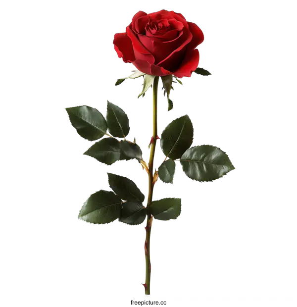 [Transparent Background PNG]Single Red Rose with Stem and Leaves on White Background