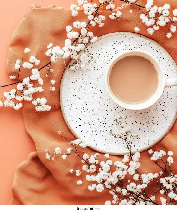 Coffee cup on orange fabric with white flowers
