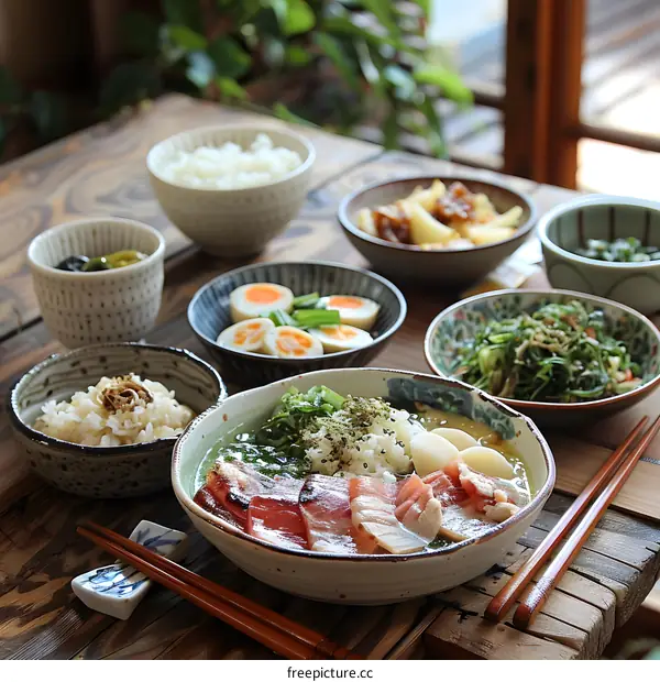 A delicious Japanese meal with rice, fish, and vegetables