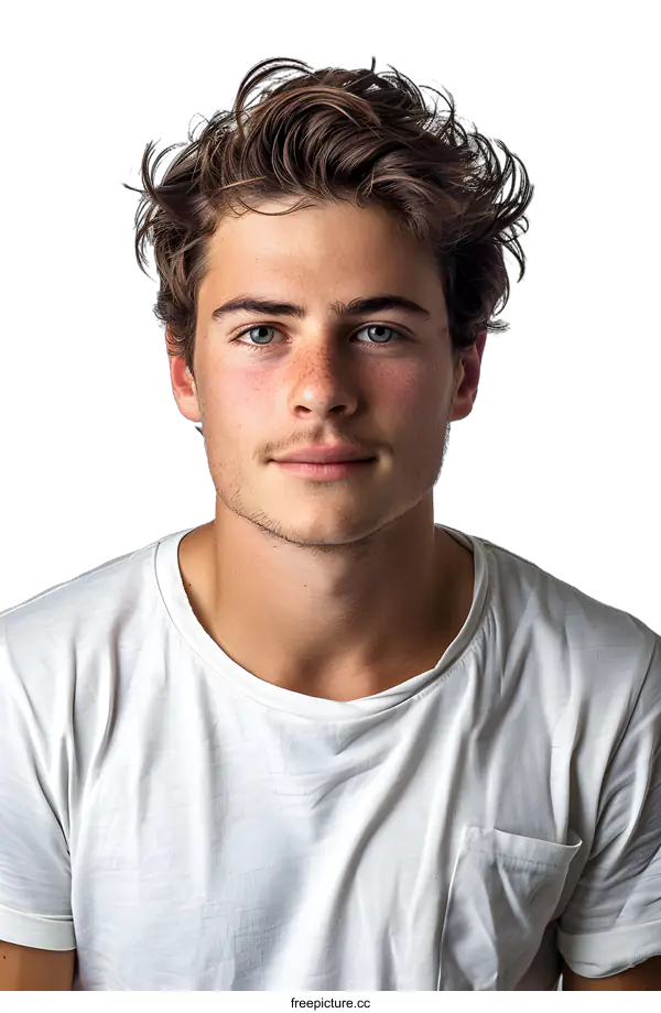 [Transparent Background PNG]Portrait of a young man with freckles and green eyes wearing a white t-shirt