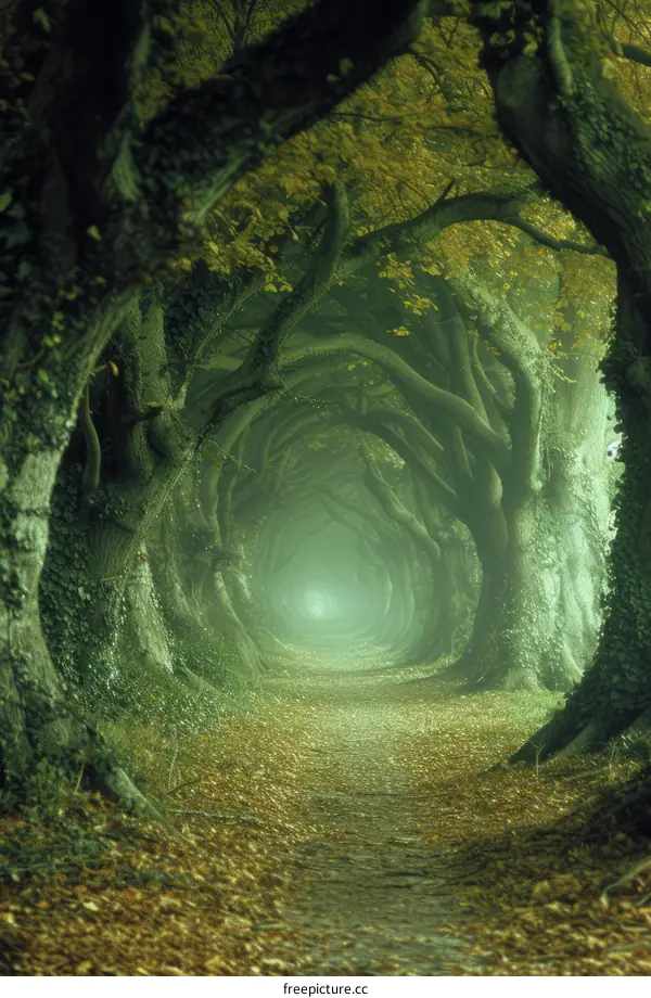 Mystical green tunnel formed by overgrown trees