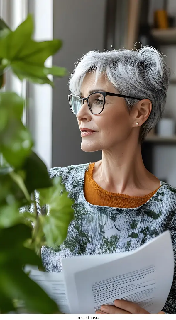 Thoughtful Senior Woman Looking Out Window While Reading Documents