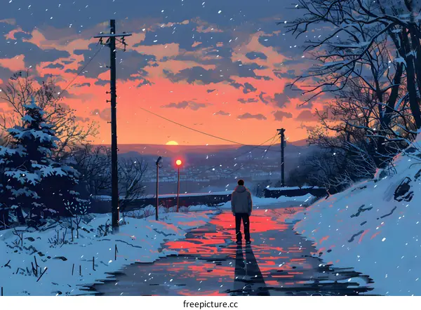 A lonely man walking on a snowy road at sunset