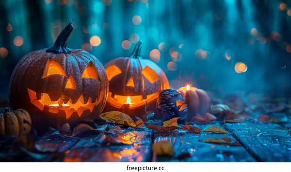 Halloween pumpkins glowing in the dark forest